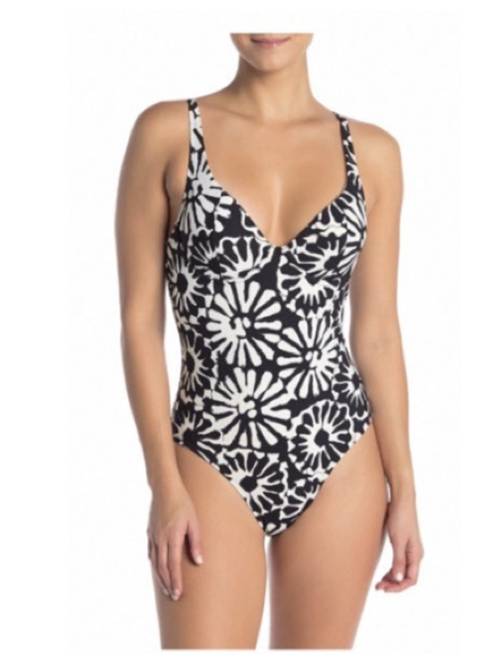 Tory Burch Black and White Floral V-Neck One-Piece